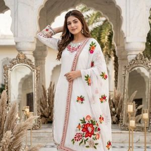 Embroidered <b>Indian</b> Pakistani <b>Top</b> Salwar Kameez Set Floral Embroidery Long Tunic Palazzo Outfit Festive Wear - Product Image 5