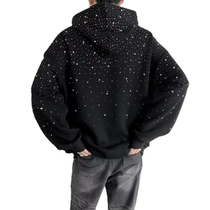Sweat-shirt à capuche court noir pour homme avec imprimé à pois en strass, coupe ample, style décontracté, style automne - Product Image 4
