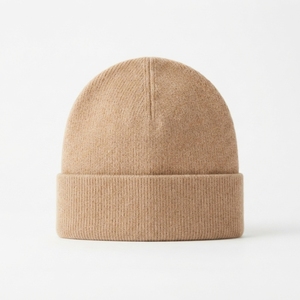 Custom Beige Knit Beanie <b>Hat</b> <b>Winter</b> Warm Cuffed Skull Cap With Embroidered Logo - Product Image 4