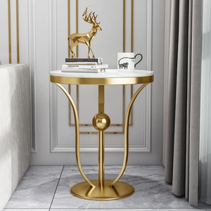 Premium Gold <b>Side</b> <b>Table</b> Home Furniture <b>Marble</b> <b>Top</b> with Round Shape Corner <b>Table</b> Cabinet for Living Room, Drawing Room - Product Image 1