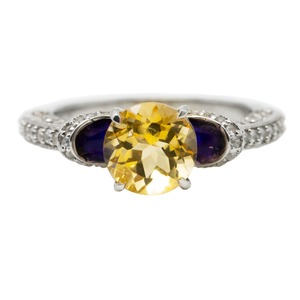 Elegant Vintage 925 <b>Silver</b> Rhodium Plated Amethyst <b>Statement</b> <b>Ring</b> with Blue Side Detail CZ Pave Band Bezel Setting - Product Image 1