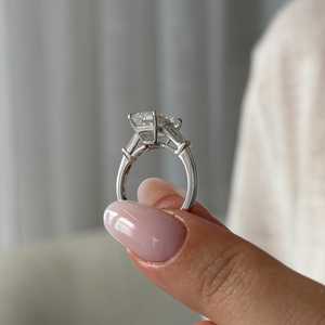 3 Carat <b>Emerald</b> Cut Lab Diamond and Tapered Baguettes Three Stone <b>Ring</b> in White Gold, IGI Certified - Product Image 6