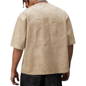 Camiseta de manga corta oversize para hombre, cuello redondo, color sólido, estilo casual, tejido de punto, estilo streetwear, beige, con relieve 3D. - Product Image 4