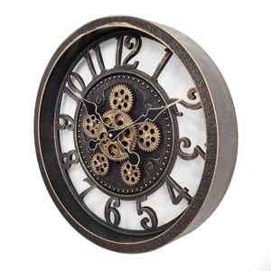 Moving gear wall <b>clock</b> 16 inch bronze vintage transparent skeleton flat frame with 3D numbers for home décor - Product Image 2