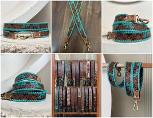 สายหนังทำมือสไตล์วินเทจเรียกลายดอกไม้และกระบองเพชรมีอุปกรณ์แฮนด์เมดสำหรับกระเป๋าสายหนังแท้พร้อมตะขอทองเหลืองโบราณ - Product Image 3