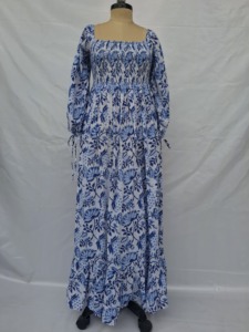 Vestido Midi Azul Gótico Vintage con Encaje y Estampado Floral, 100% Algodón, Mangas Abullonadas, Sin Cuello, Fruncido, Corte en A, Casual, Verano, Diario, Oficina - Product Image 4