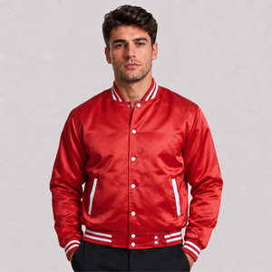 Veste de sport en satin rouge pour homme avec bordure blanche, fermeture à boutons, vêtement décontracté pour l'automne - Product Image 1