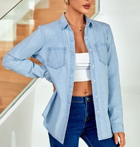 Chemise boutonnée en coton bleu clair pour femme, manches longues, couleur unie, coupe décontractée ample avec poches, toutes saisons - Product Image 5