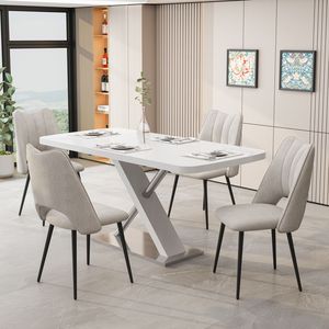 Set di sedie tavolo da pranzo 5 pezzi tavolo da pranzo bianco retrattile e 4 sedie Beige per 4-6 persone per cucine e salotti - Product Image 2