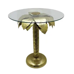 Woonkamer Meubels Aluminium Glas & Ijzer Ronde Salontafel Palm Boom Vormige Basis Messing Epl Gold Kleur Helder Glas tafel