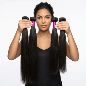 Extensiones de Cabello Humano Remy Indio Liso Rosa, Trama de Cabello Virgen Largo Negro Natural, Doble Trama con Base de Seda - Product Image 4