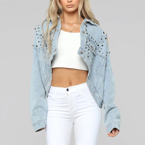 Veste en jean pour femme avec décoration rivetée, col rabattu, manches longues, couleur unie, fermeture à bouton unique, style printemps - Product Image 5