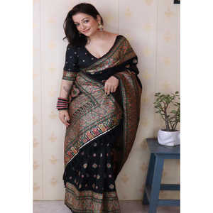Shivani's Jade Black Pashmina Kashmiri Silk Saree with Zari Woven and <b>Ethnic</b> <b>Scarves</b> & <b>Shawls</b> - Product Image 5