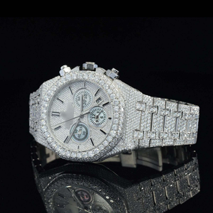 Montre mécanique chronographe en acier inoxydable argenté 41 mm, cadran en diamant moissanite, mouvement automatique, mode hip-hop unisexe - Product Image 1