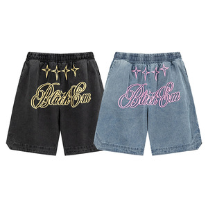 Shorts en coton brodé noir pour homme, taille mi-haute, style décontracté, taille élastique, aspect denim, respirant, tendance - Product Image 2