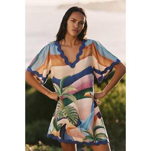 Vestido Midi Hecho a Mano, Ecológico, 100% Algodón Transpirable, con Estampado Floral, Corte Holgado, Mezcla de Lino, Cintura Natural con Volantes, ODM - Product Image 1