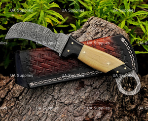 Cuchillo de caza y camping de hoja fija de acero de Damasco forjado a mano con punta de gota y filo recto, mango de resina de hueso de camello, funda personalizable OEM - Product Image 2