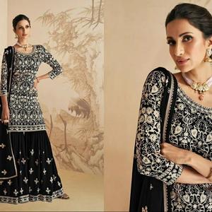 Traje Gharara de Georgette Fox para Fiesta Festiva del Eid para Mujer con Bordado Intenso, Palazzo Elegante y Forro de Santoon Semisellado - Product Image 2