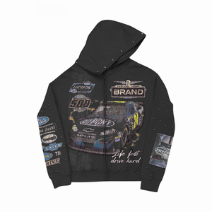 Sweat-shirt à capuche noir pour homme avec imprimé voiture de course et logos de marque, design sportif, coupe classique, vêtement d'automne - Product Image 1