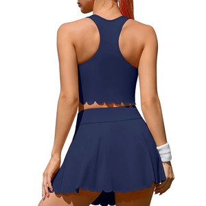 Women's <b>Navy</b> Blue Tennis Crop <b>Top</b> And Skirt Set Round Neck Sleeveless Moisture Wicking Breathable Summer Sport Wear - Product Image 2