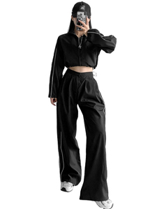 Ensemble de survêtement sportif noir pour homme, veste courte à demi-zip et pantalon large, en polyester tricoté respirant, idéal pour le printemps - Product Image 1