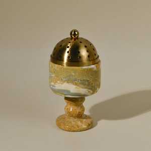 Marble Brass <b>Salt</b> Pepper <b>Shaker</b> Polished Stone Base Mixed Color Veining Dome Top Perforated Holes Spherical Knob Piece - Product Image 3