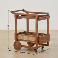 Chariot de bar à 2 niveaux en rotin et bois massif moderne avec roulettes, chariot de service roulant au design tendance