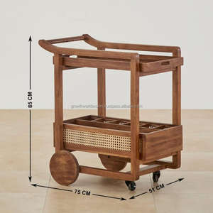 Chariot de bar à 2 niveaux en rotin et bois massif moderne avec roulettes, chariot de service roulant au design tendance - Product Image 3
