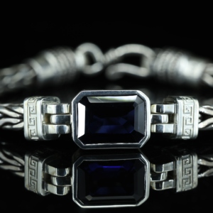 Gold Plated 925 Sterling Silver Men's Retro Punk Style Hand Braided Inlaid Blue Zircon Chain & Link Bracelet - Product Image 5