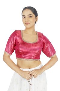 Pink Formal Embroidered Yarn Dyed Blouse for Women Woven Short Sleeve Square Neck <b>Crop</b> <b>Top</b> for Wedding Party - Product Image 2