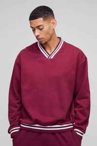 Sudadera de Hombre Color Granate, Corte Holgado, Tejida, Manga Larga, Estilo Casual Otoñal, Cuello Camisero, Color Sólido - Product Image 5