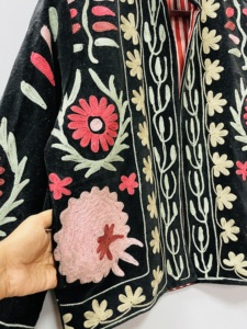 Velvet Suzani Embroidered Artisan Handmade Bomber Jacket Handcrafted Floral Design Medium Length 100% Cotton Velvet Soft All - Product Image 5