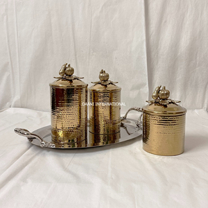 Bocaux de rangement cylindriques empilables en acier inoxydable, finition PVD or effet martelé, fait main, avec plateau pour table à manger - Product Image 6