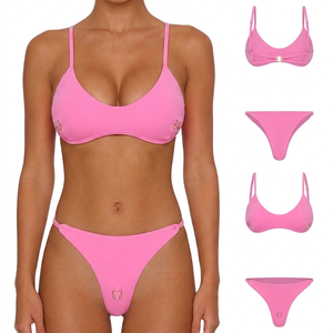 Ensemble bikini rose, soutien-gorge triangle, string, maillot de bain femme, extensible, couleur unie, tricoté, vêtements de plage, ensemble 2 pièces - Product Image 1