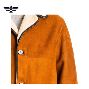 Veste en cuir suédé marron longue pour homme, col rabattu, doublure en fausse fourrure, logo sur le devant, coupe-vent, hiver, décontractée, coupe régulière - Product Image 5