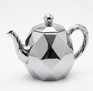 <b>Large</b> Selling Silver Glossy Faceted Metal <b>Teapot</b> with Twisted Handle and Geometric Lid - Product Image 1