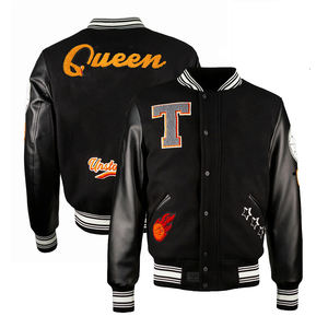 Veste de baseball oversize streetwear noire avec manches en cuir et logo brodé pour homme - Product Image 3