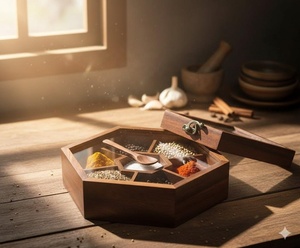 Boîte à épices en bois poli de qualité supérieure, écologique, 7 compartiments carrés pour le stockage des épices et herbes, étanche, compatible lave-vaisselle, faite à la main, tendance - Product Image 6