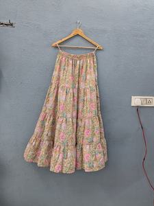 Elegant bohemian floral tiered <b>long</b> <b>skirt</b> crafted in soft breathable cotton featuring delicate pink and <b>green</b> floral motifs - Product Image 6