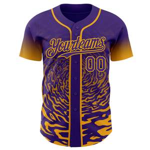 เสื้อเบสบอลทีมสีม่วงเหลืองแบบกำหนดเอง ผ้าโพลีเอสเตอร์ 100% ตาข่ายเบิร์ดอาย ติดกระดุมเต็มตัว ชุดกีฬา ผลิตโดยโรงงาน OEM คุณภาพส่งออก - Product Image 2