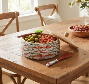 Handmade Wooden Serving <b>Bowl</b> <b>With</b> <b>Lid</b> And Printed Salad Servers Floral Design Acacia Wood Food Container - Product Image 6