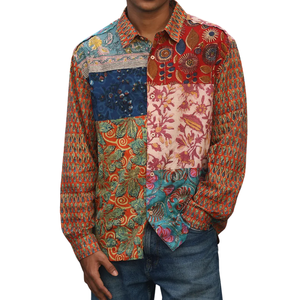 Chemise unisexe patchwork style urbain en polyester doux et respirant, décontractée à manches longues, boutonnée, style vintage, été, vente en gros OEM ODM - Product Image 1