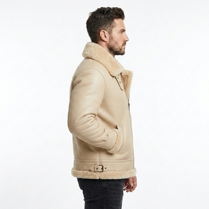 Veste aviateur en cuir véritable beige pour homme avec doublure en fausse fourrure, fermeture éclair, ceinture à la taille, vêtement d'hiver - Product Image 1