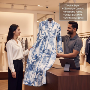 ชุดเดรสลายต้นปาล์มสไตล์ศิลปิน ผ้าฝ้าย 100% ชุดเดรสยาวแบบแม็กซี่ แขนยาว งานแฮนด์เมดชิ้นเอก ผู้ผลิตขายส่ง - Product Image 4