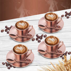 4 PCS Ensemble de tasses et soucoupes en acier inoxydable à double paroi avec finition PVD or rose et laser pour le service de boissons - Product Image 1