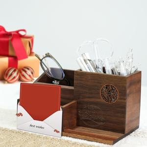 Bamboo <b>Rotating</b> Pen Stand and Organizer Square Desktop Wooden Pencil Storage Boxes with Clock for Office or Home Use - Product Image 2