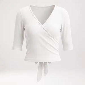 Camiseta de mujer con cuello en V acanalado, manga corta, ajuste ceñido, estilo cruzado, para yoga y baile - Product Image 5