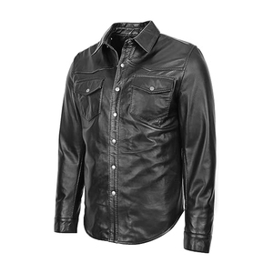 Men's Black Leather Look Long Sleeve <b>Button</b> Down <b>Shirt</b> Solid Color leather Moto Style Turn-down Collar - Product Image 5