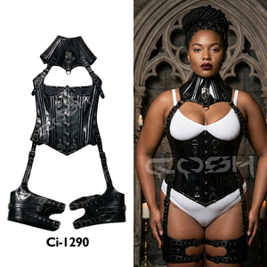 Modèle en corset noir en PVC à baleines en acier, style underbust, avec harnais cou et cuisses / Corset à bretelles réglables - Product Image 5