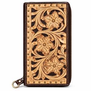 Handmade Split Leather Slim <b>Wallet</b> for <b>Women</b> with Floral Carved Design Fold Closure Multiple <b>Card</b> Slots and Premium Hardware - Product Image 2